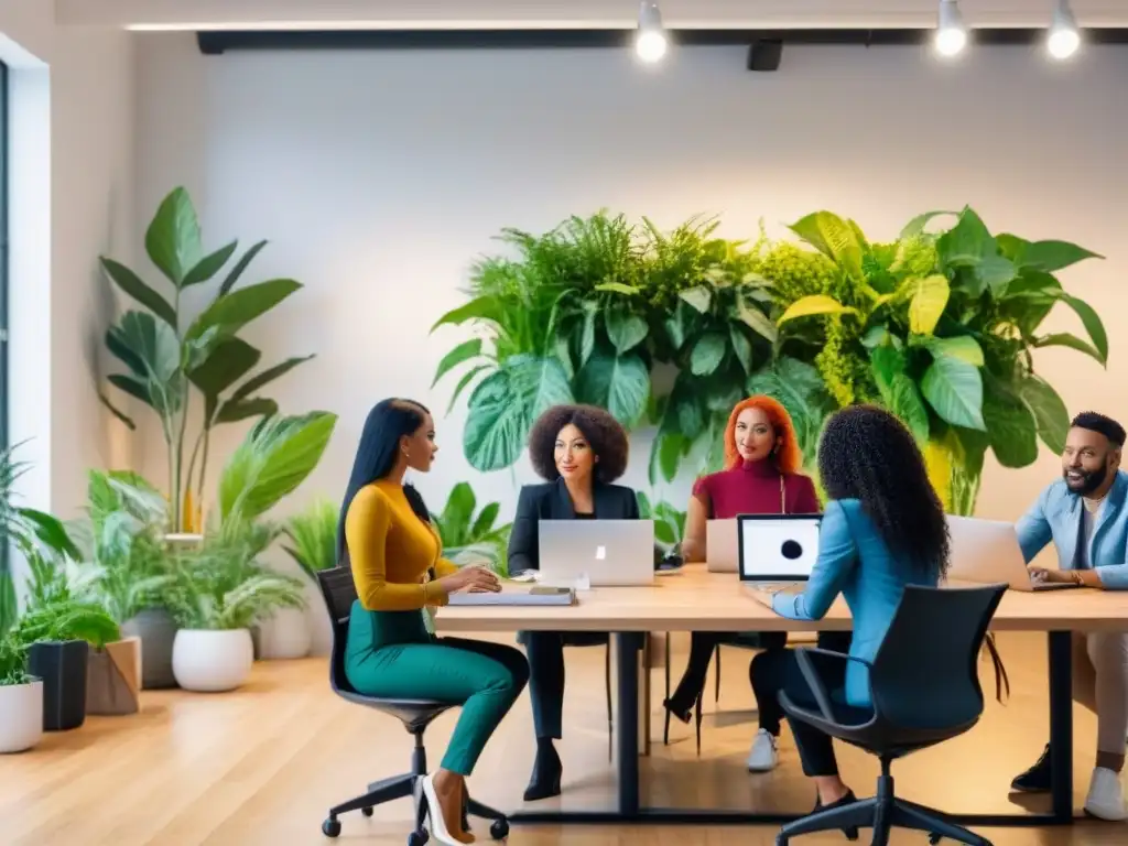 Un grupo diverso de emprendedores colabora en un espacio coworking moderno y luminoso con plantas verdes y bocetos de moda sostenible en las paredes