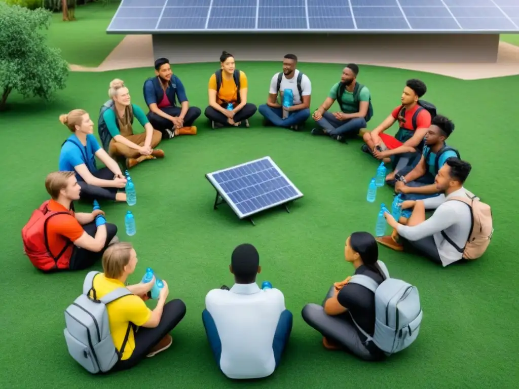 Un grupo diverso de estudiantes en círculo con mochilas y botellas reutilizables, rodeados de naturaleza y un edificio escolar moderno con paneles solares en el techo, destacando la educación ambiental en escuelas