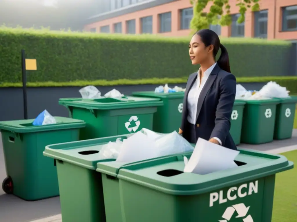 Un grupo diverso de estudiantes reciclando juntos en la escuela, promoviendo educación, beneficios ambientales y trabajo en equipo