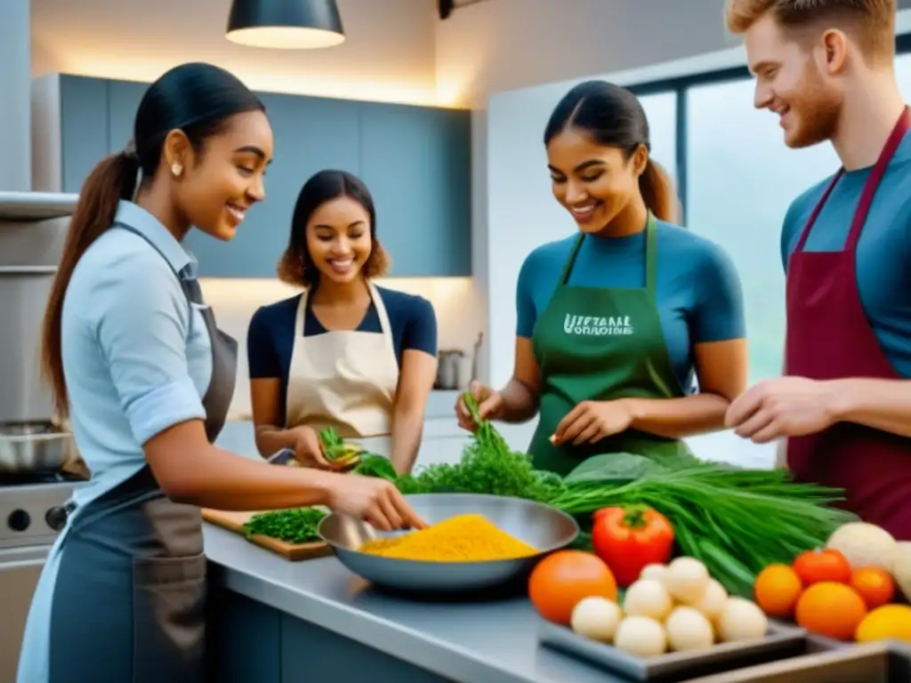 Grupo diverso de estudiantes cocinando juntos en una cocina moderna y ecológica, promoviendo la alimentación sostenible para estudiantes