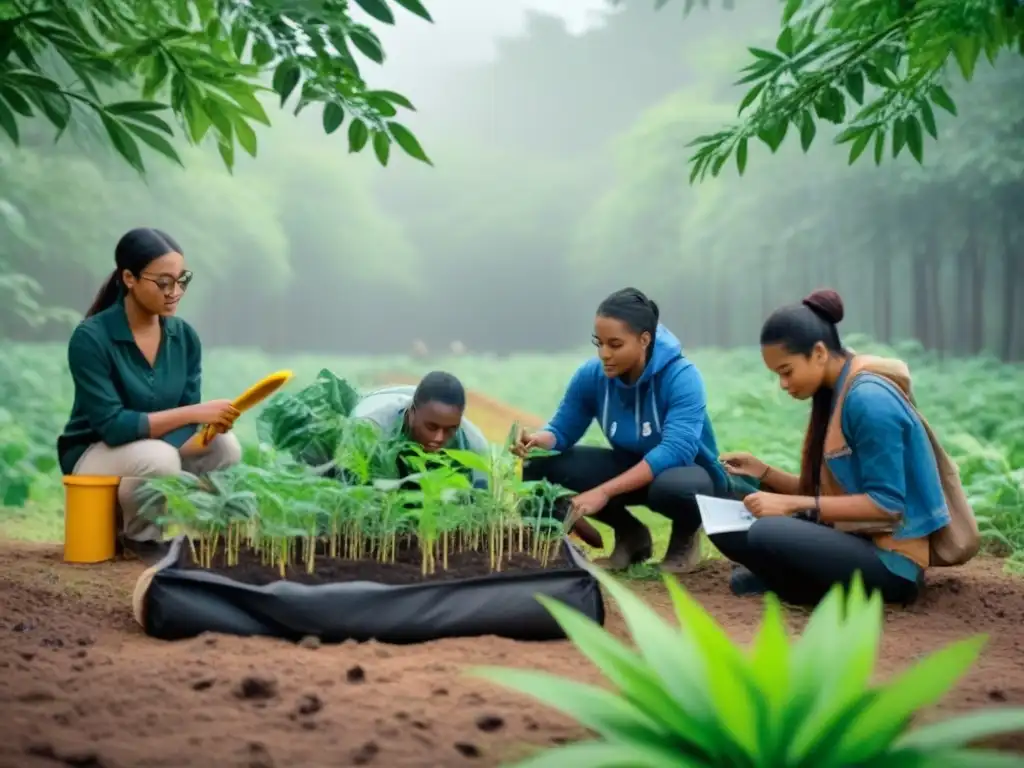 Un grupo diverso de estudiantes participa activamente en un proyecto ambiental rodeados de vegetación