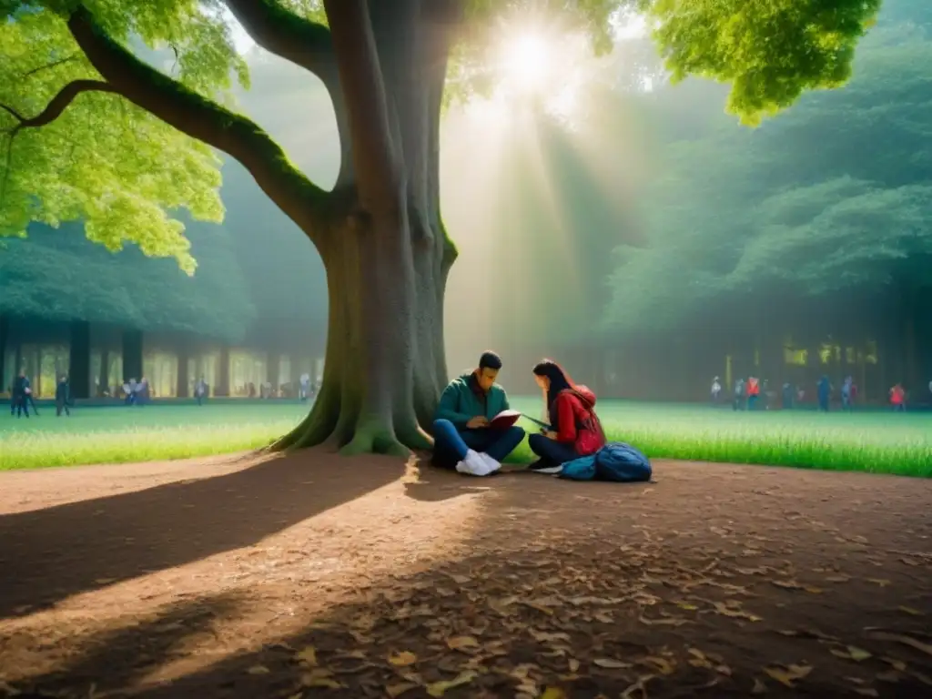 Grupo diverso de estudiantes aprendiendo sobre sostenibilidad ambiental bajo un árbol en el bosque