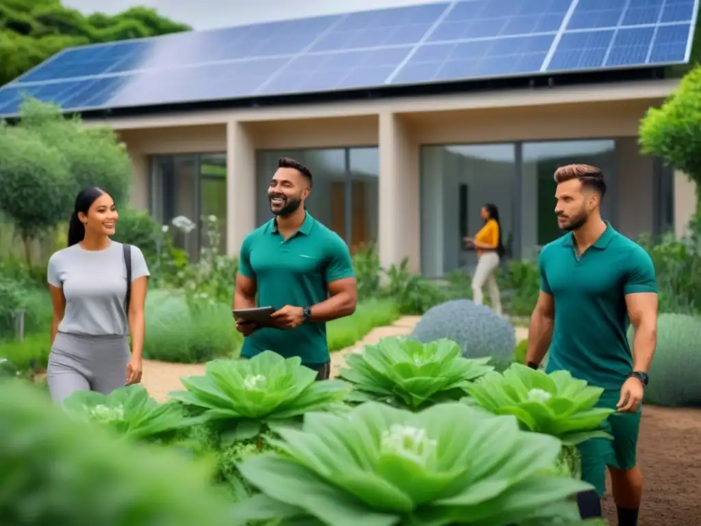 Un grupo diverso de estudiantes colaborando en un jardín sostenible, rodeados de vegetación y paneles solares, integrando la sostenibilidad en el currículo escolar