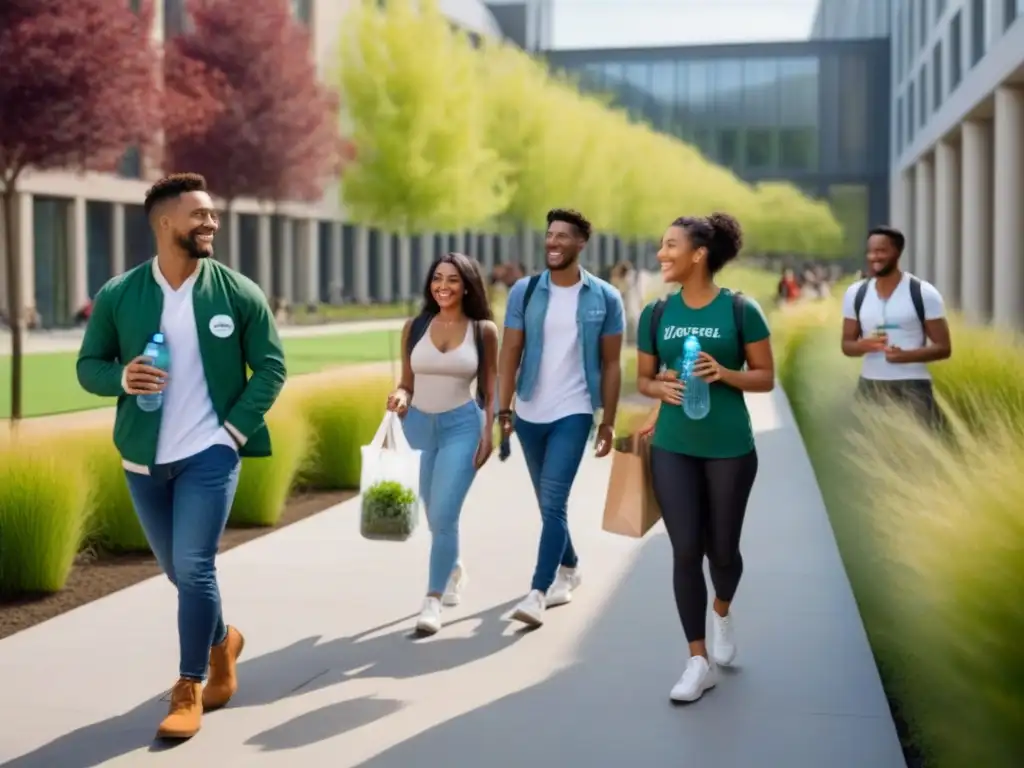 Un grupo diverso de estudiantes universitarios sostenibles caminando por un campus, promoviendo el estilo de vida sostenible campus