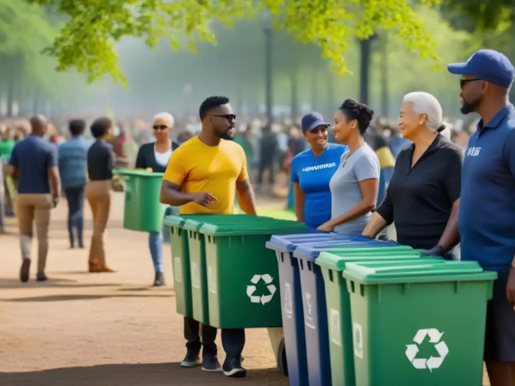 Un grupo diverso participa activamente en un evento de reciclaje en un parque urbano