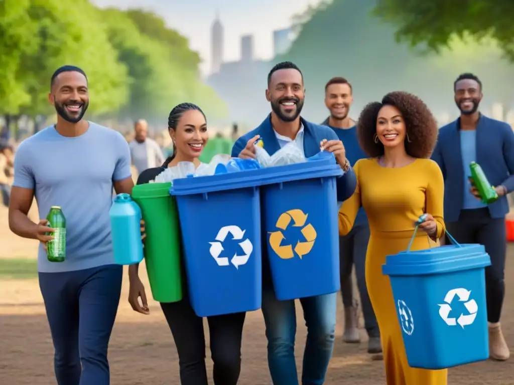 Grupo diverso y feliz reciclando en parque urbano