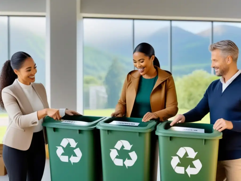 Un grupo diverso y feliz clasifica reciclables en un centro moderno y luminoso