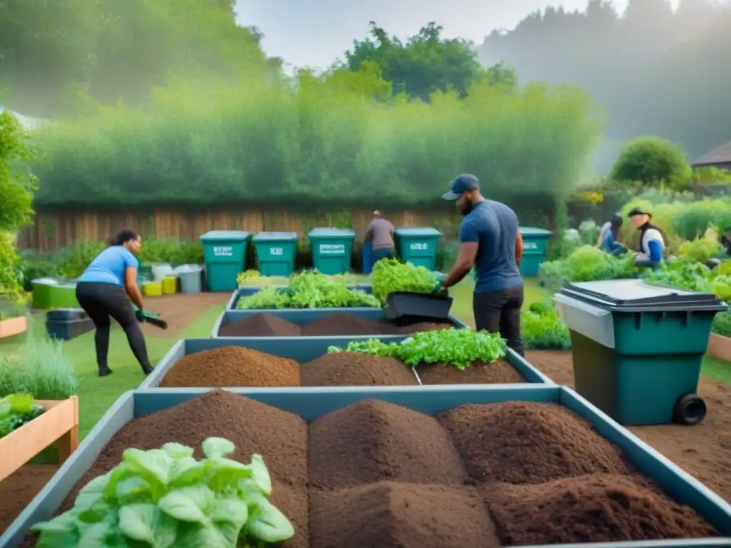 Un grupo diverso colabora en un huerto comunitario rodeado de vegetación, practicando el compostaje comunitario sostenible