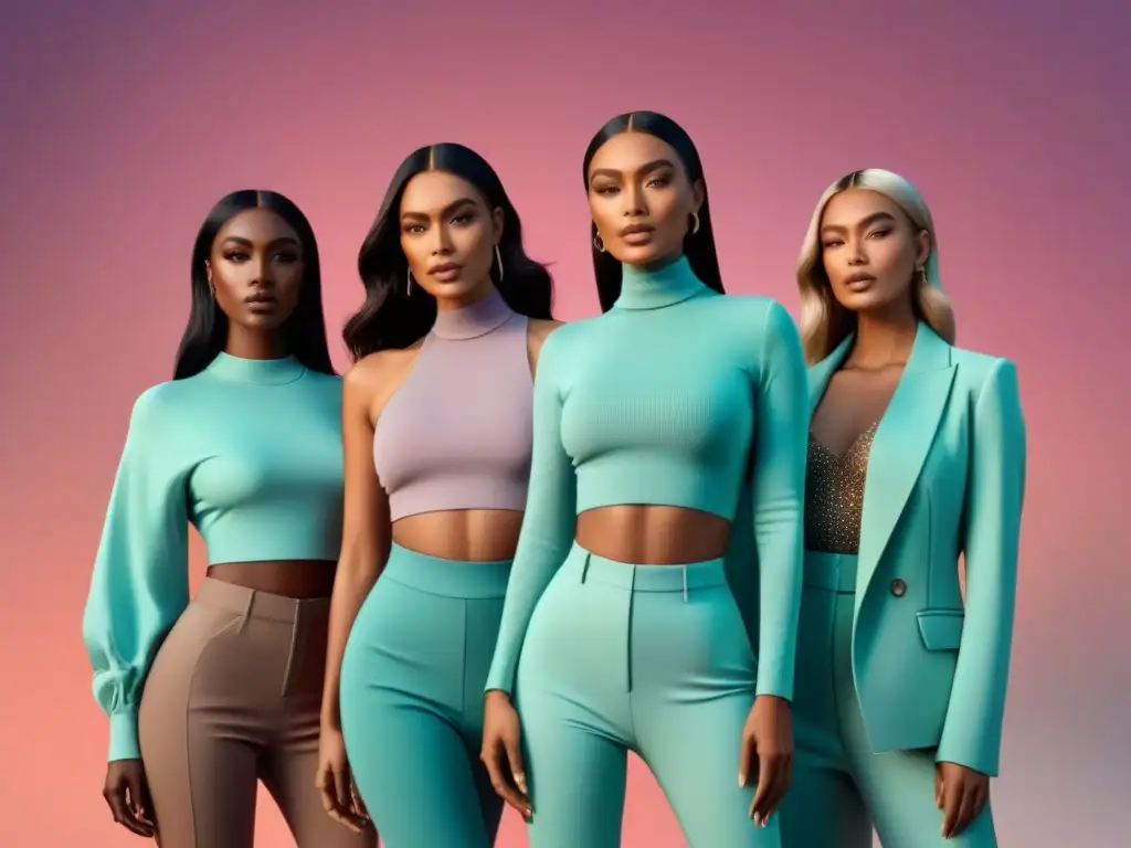 Un grupo diverso de influencers de moda sostenible en redes sociales, con un estilo futurista y confidente