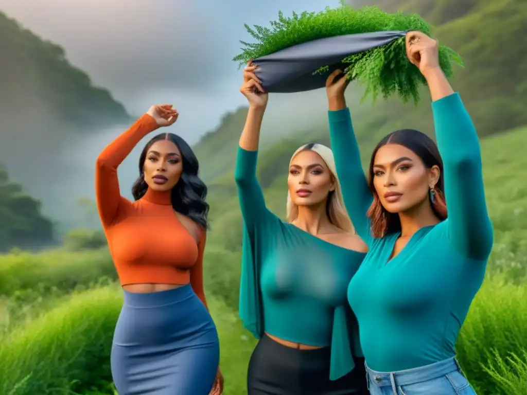 Un grupo diverso de influencers de moda sostenible sostiene prendas ecofriendly, rodeados de exuberante vegetación