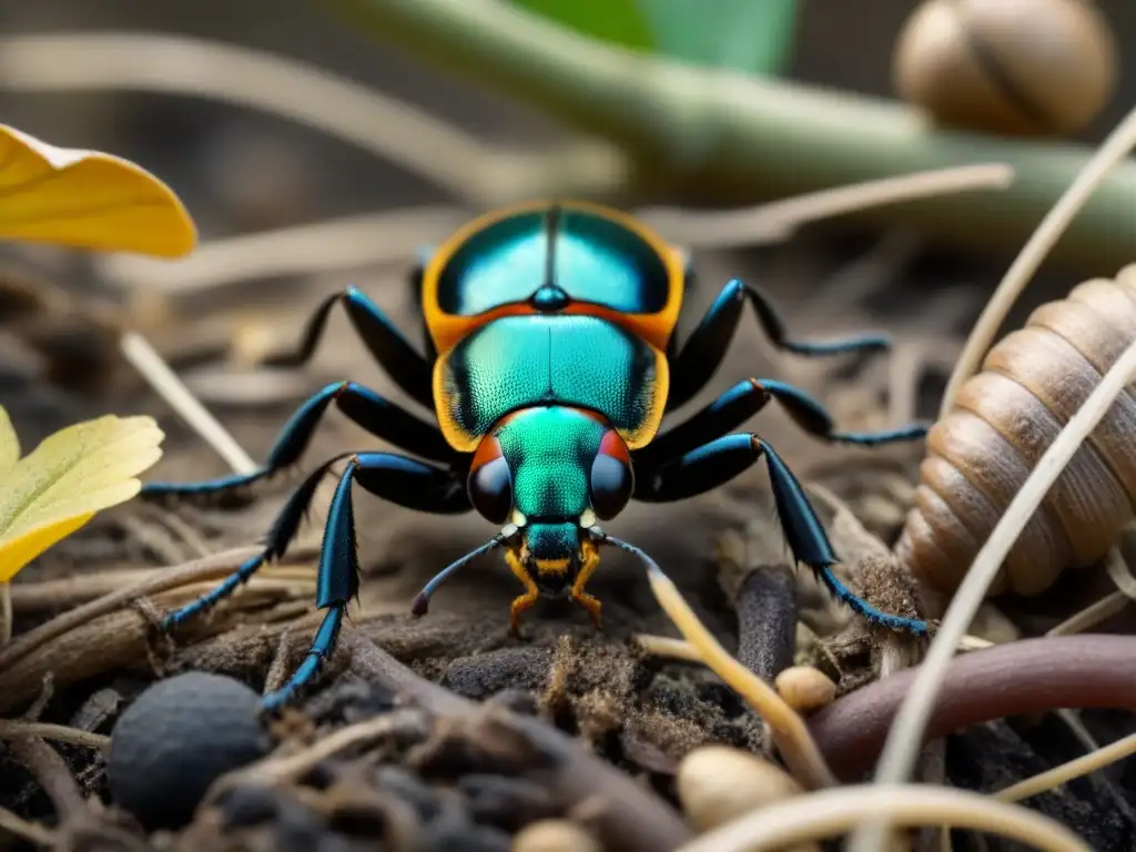 Un grupo diverso de insectos descomponedores trabajando juntos en un ecosistema forestal