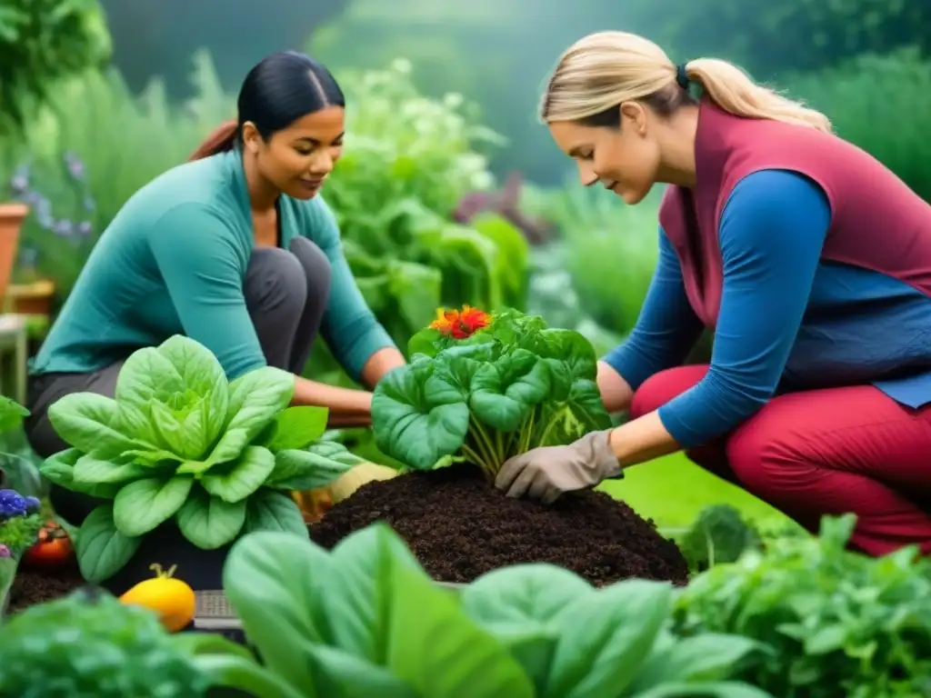 Un grupo diverso de jardineros ecoconscientes trabajando juntos en un jardín sostenible, mostrando prácticas de jardinería sostenible