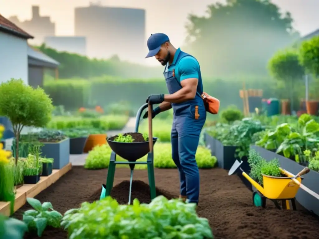 Un grupo diverso de jardineros urbanos practican técnicas sostenibles en un jardín vibrante y exuberante