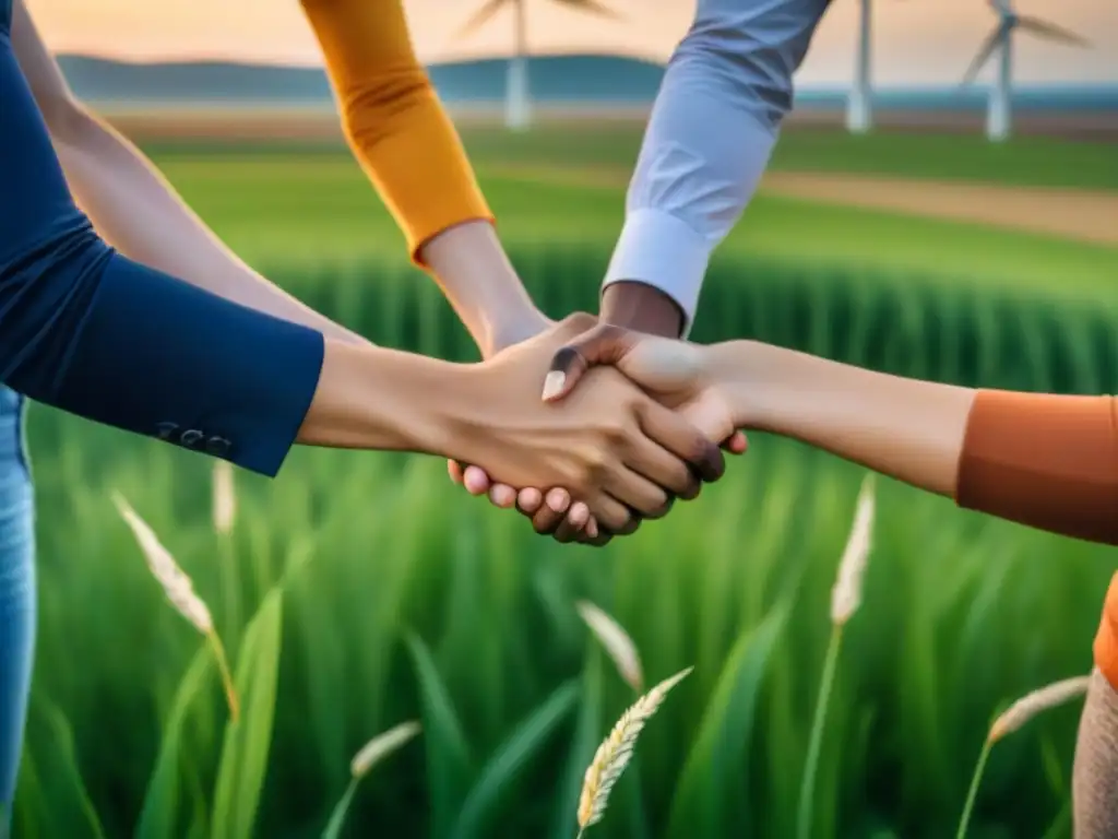 Un grupo diverso de jóvenes activistas se toman de las manos en un campo verde, con molinos de viento al fondo, simbolizando resiliencia climática y movimientos juveniles