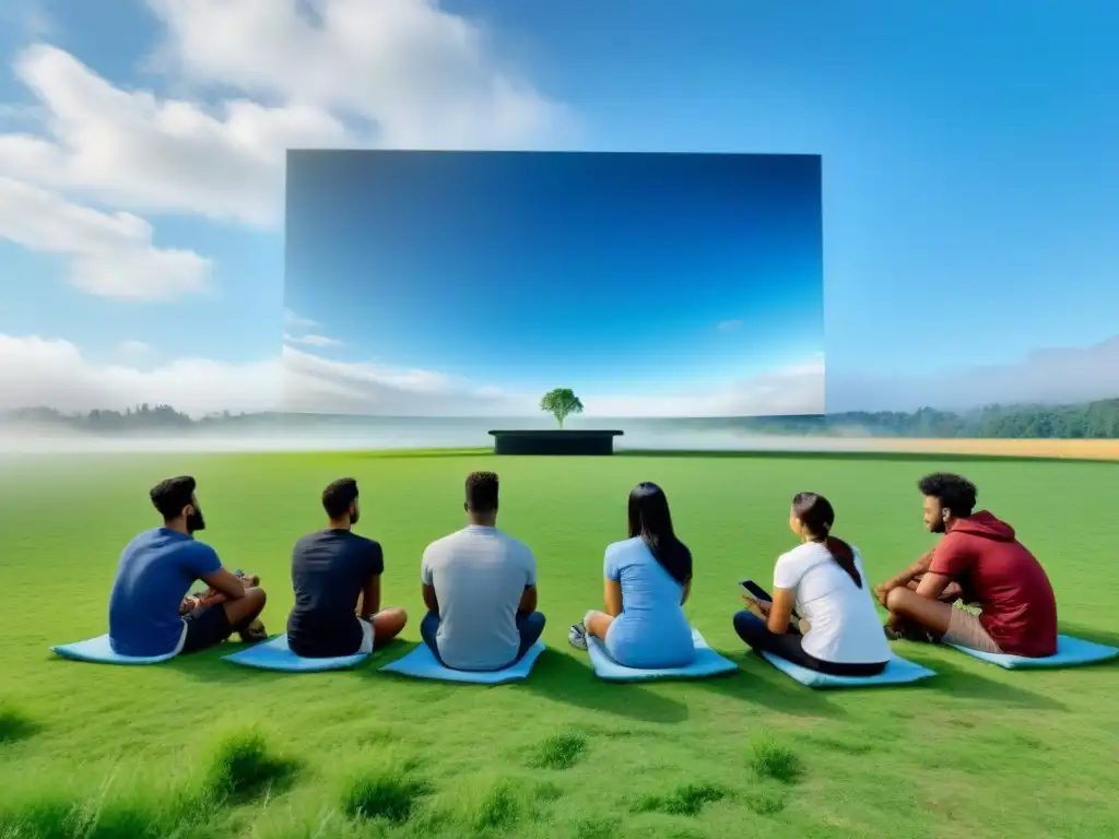 Un grupo diverso de jóvenes alumnos viendo un documental educativo sobre sostenibilidad en un campo verde