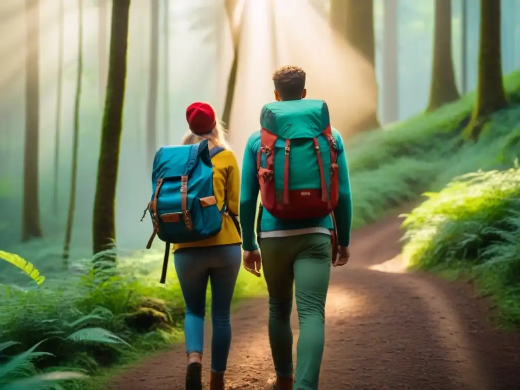 Un grupo diverso de jóvenes explorando un bosque verde, transmitiendo aventura y unión