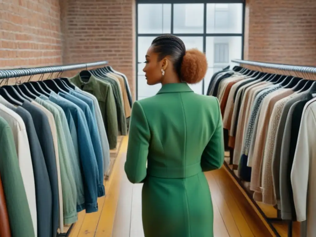 Un grupo diverso de jóvenes elegantes revisando ropa de segunda mano en una tienda moderna y sostenible