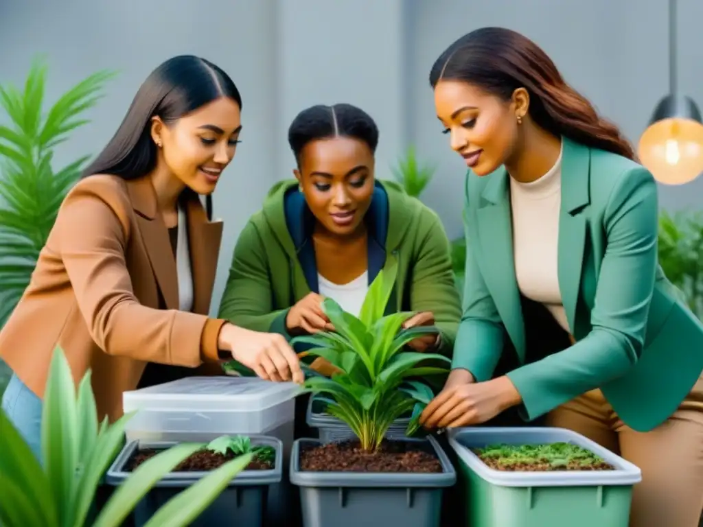 Un grupo diverso de jóvenes trabajando juntos en proyectos juveniles de upcycling, rodeados de plantas y materiales reciclados