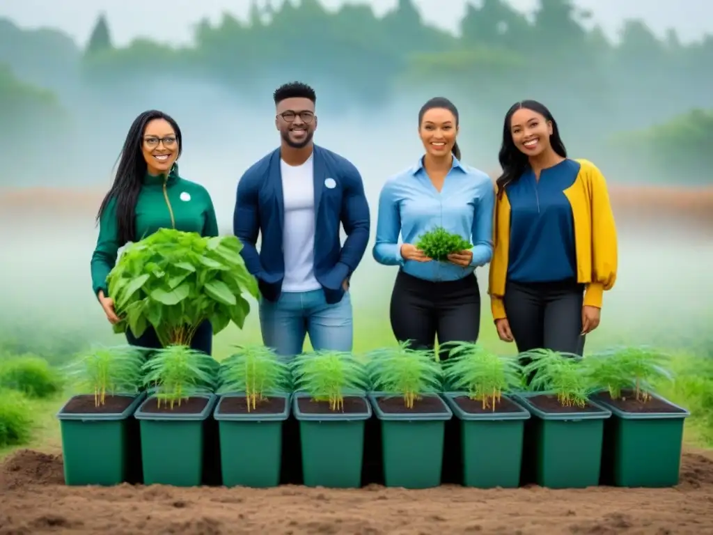 Un grupo diverso de jóvenes participa en programas ambientales zero waste, reciclando, compostando y plantando árboles