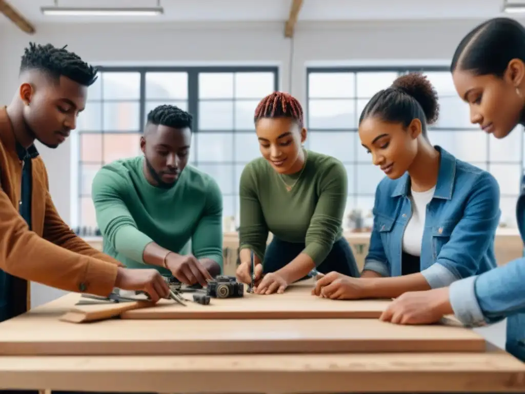 Un grupo diverso de jóvenes colabora en proyectos juveniles de upcycling en un estudio luminoso y moderno