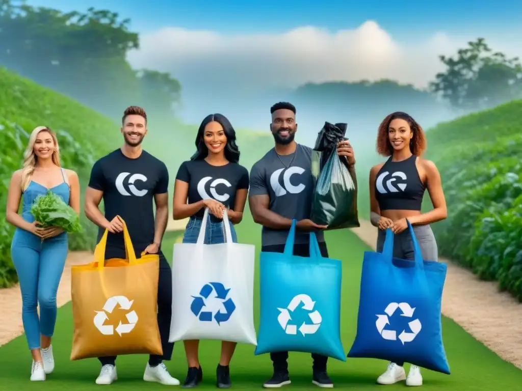 Grupo diverso de jóvenes sostenibles con bolsas reutilizables, frente a símbolo de reciclaje gigante en parque