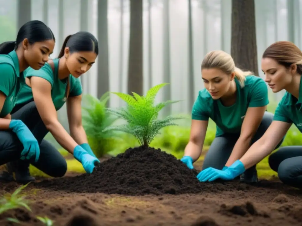 Un grupo diverso de jóvenes voluntarios plantando árboles en un bosque verde, simbolizando el trabajo en equipo y la conservación ambiental