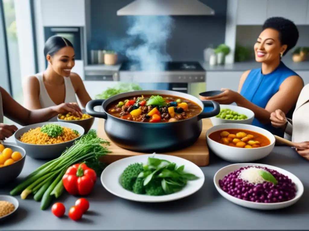 Un grupo diverso disfruta juntos de una comida vegetal en una cocina moderna