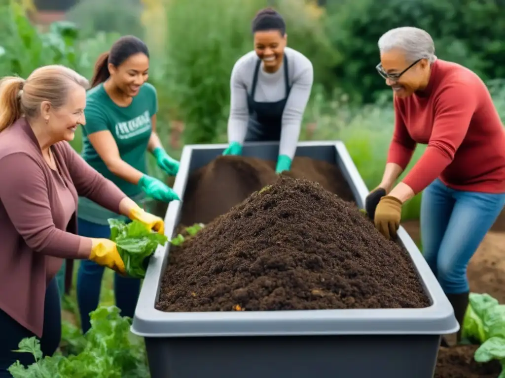 Un grupo diverso disfruta juntos del compostaje comunitario en un jardín vibrante, reflejando un estilo de vida sostenible