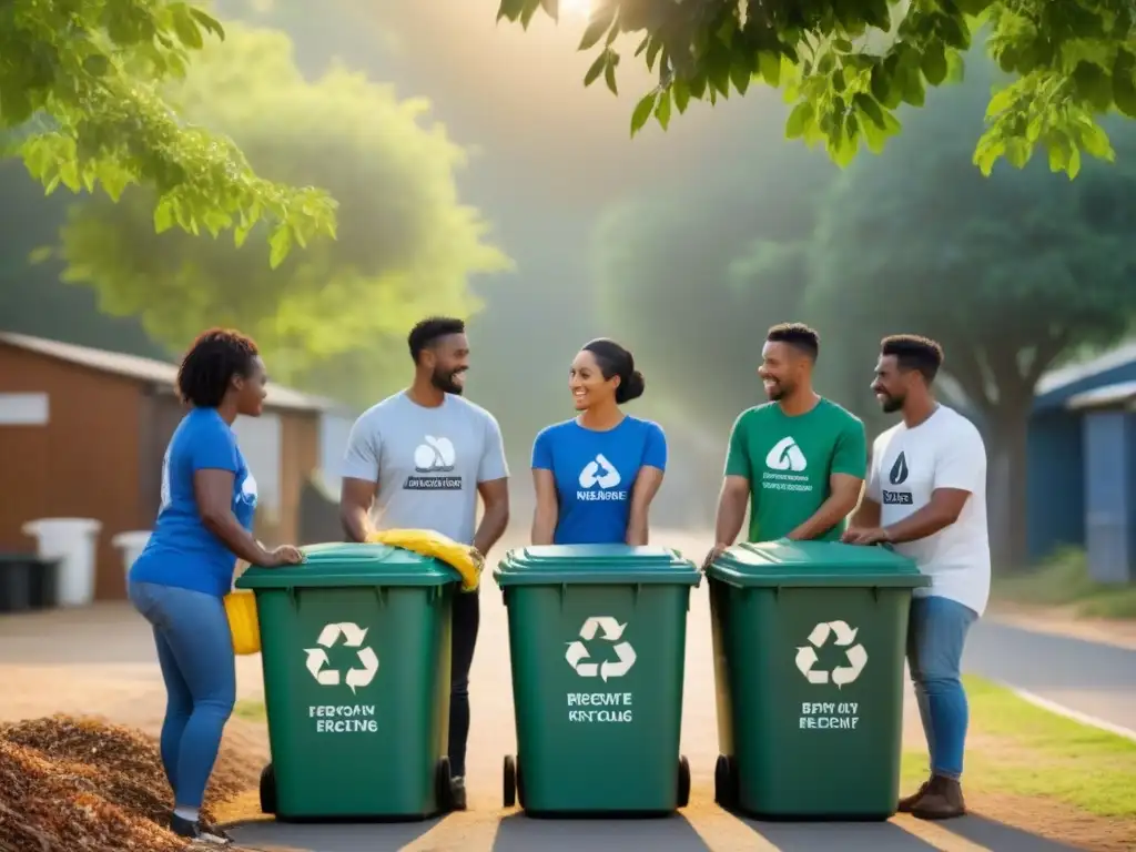 Un grupo diverso colabora para reciclar juntos bajo un dosel soleado