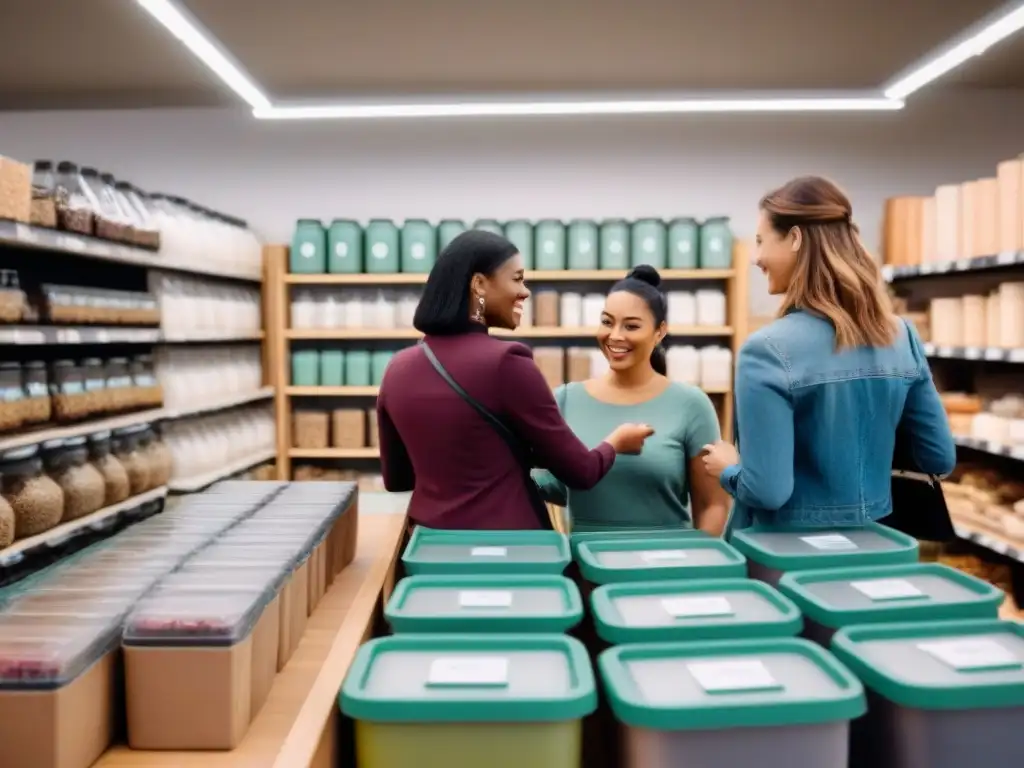 Grupo diverso compra juntos en tienda zero waste vibrante y asequible