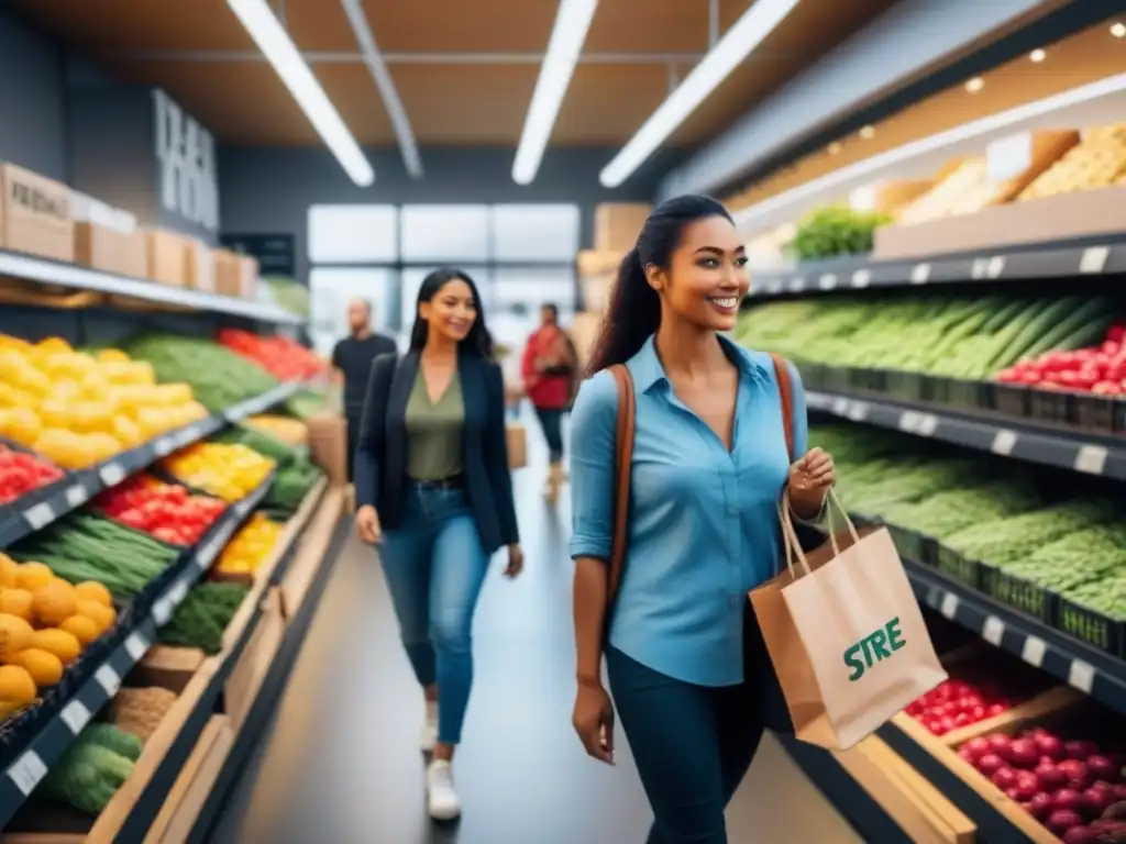 Grupo diverso comprando juntos en tienda zero waste, llevando bolsas reutilizables