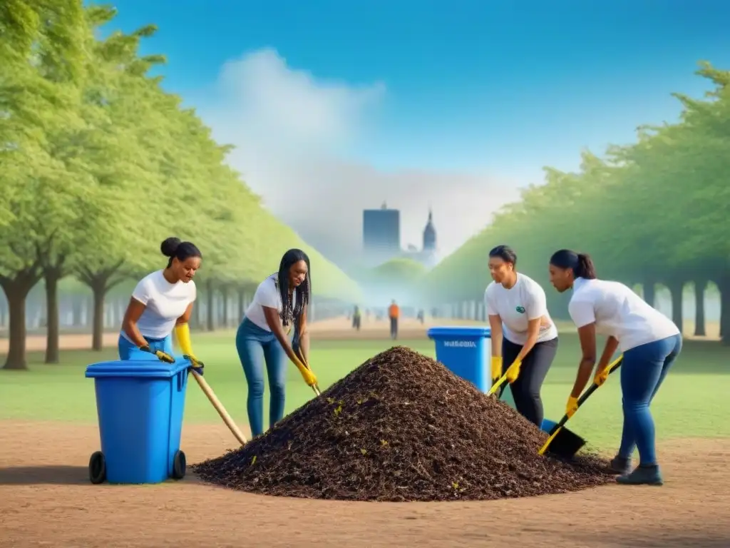 Un grupo diverso limpia un parque juntos, separando la basura en contenedores de reciclaje