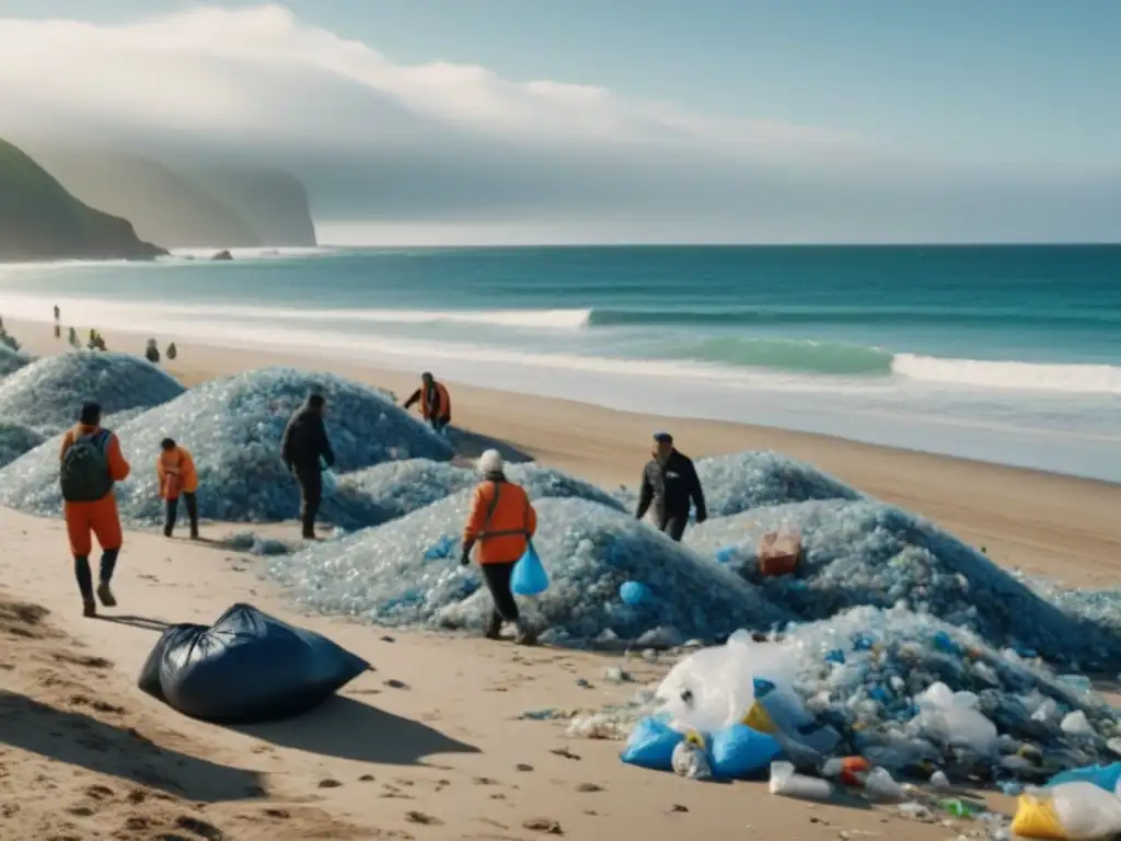 Grupo diverso limpia playa, destacando la importancia de campañas educativas reducción residuos sostenibles