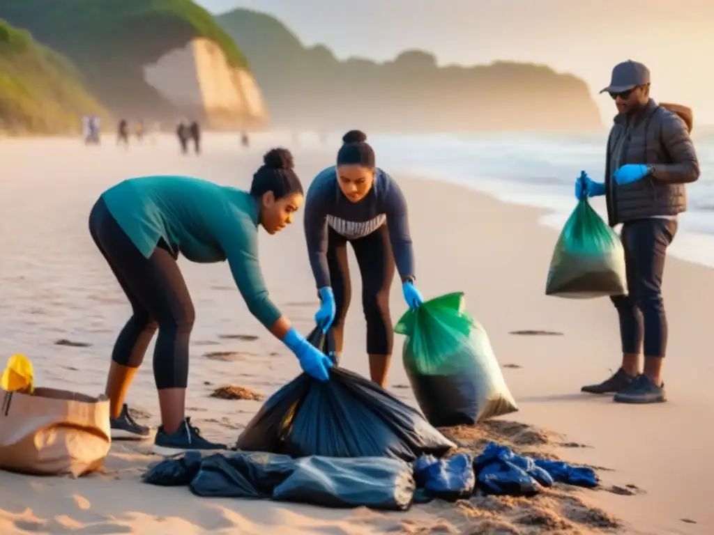 Grupo diverso limpia playa al atardecer, promoviendo estrategias nacionales para reducir plásticos