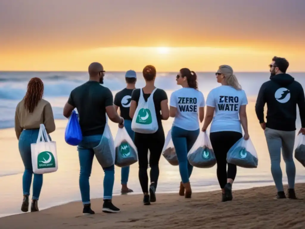 Grupo diverso en limpieza de playa con bolsas reutilizables y camisetas de Zero Waste, al atardecer