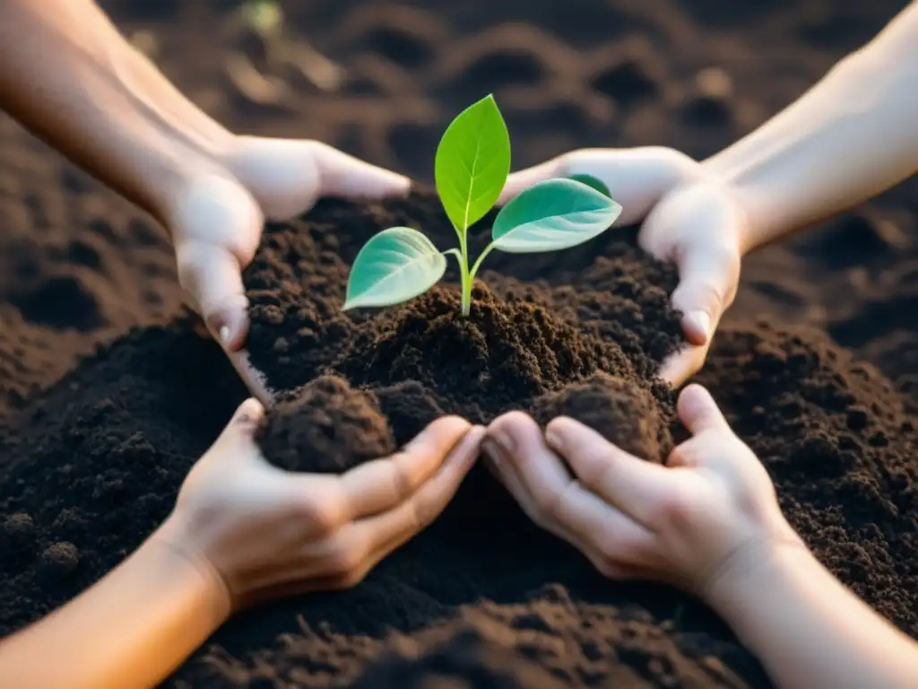 Un grupo diverso de manos planta un árbol en suelo fértil, simbolizando la unión y el crecimiento sostenible