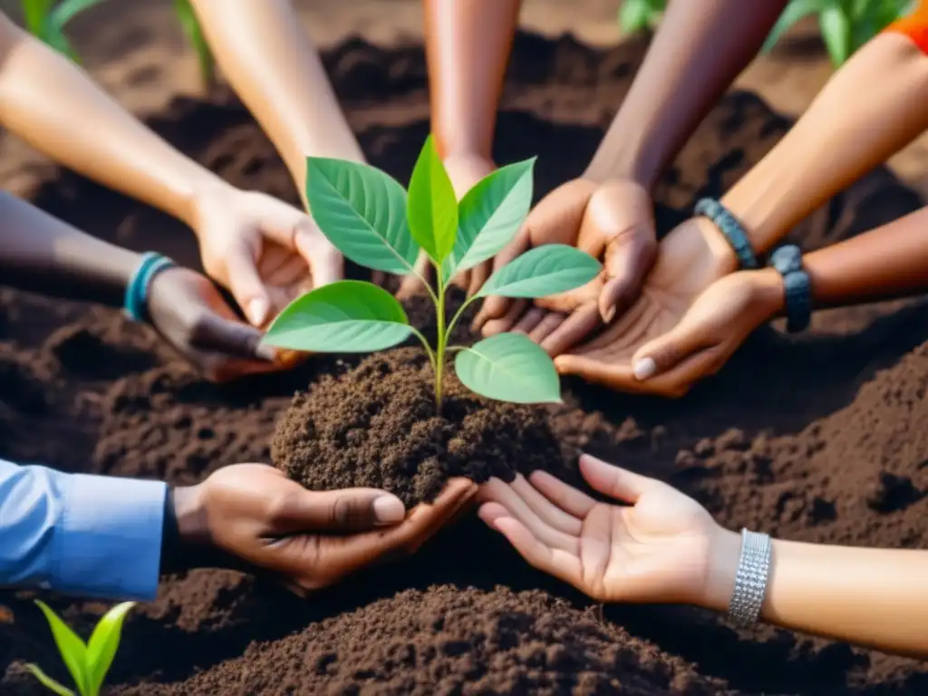 Un grupo diverso de manos planta un árbol juntas en suelo fértil, simbolizando unidad y colaboración