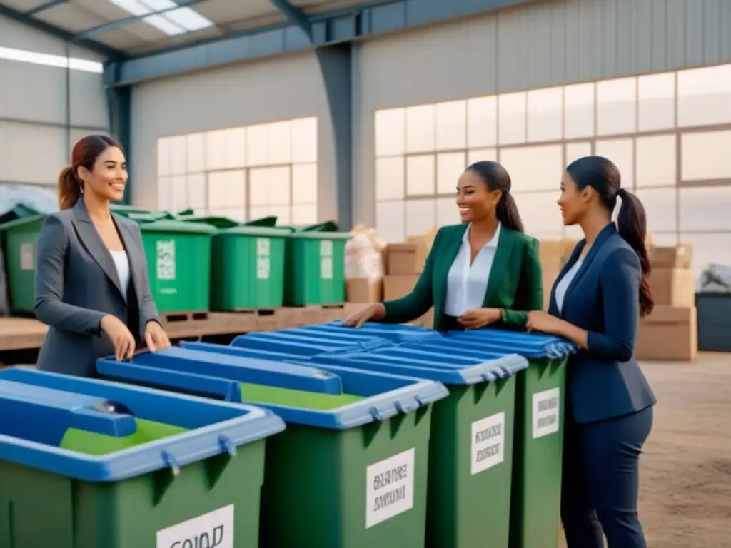 Un grupo diverso colabora en clasificar materiales reciclables en una planta moderna