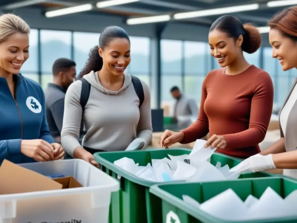 Un grupo diverso de miembros de la comunidad sonríe al separar materiales reciclables juntos en un centro moderno y limpio