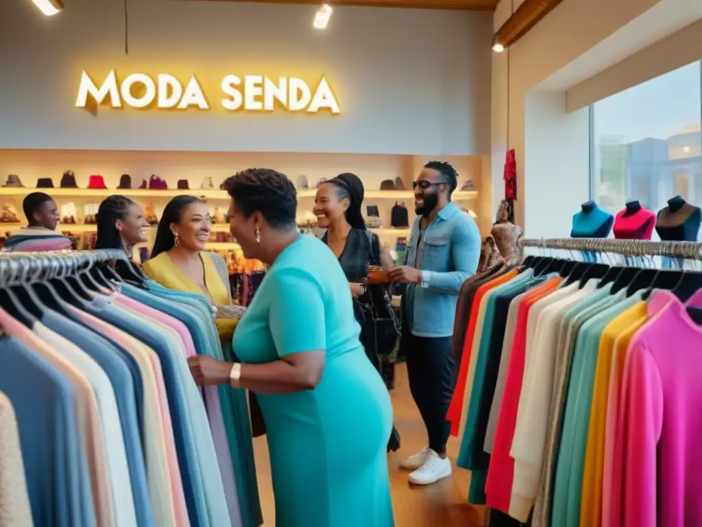 Grupo diverso disfruta comprando moda de segunda mano en tienda vibrante y colorida