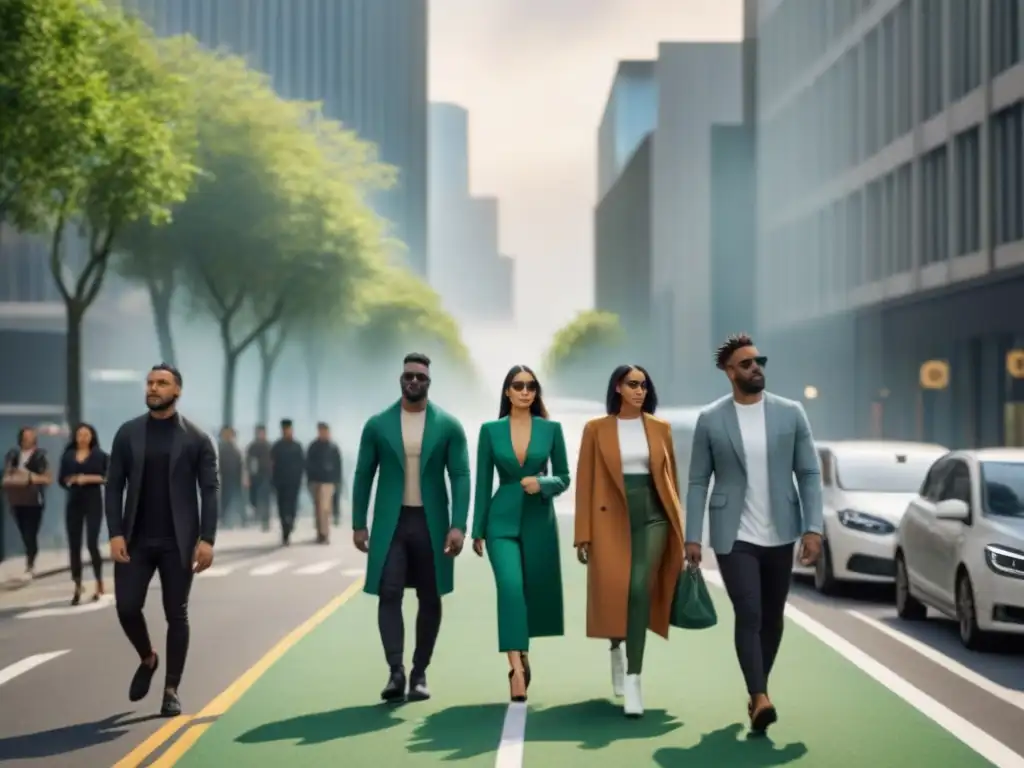 Moda sostenible en la ciudad: comunidad urbana eco-chic Un grupo diverso viste moda sostenible en la ciudad, promoviendo el consumo consciente