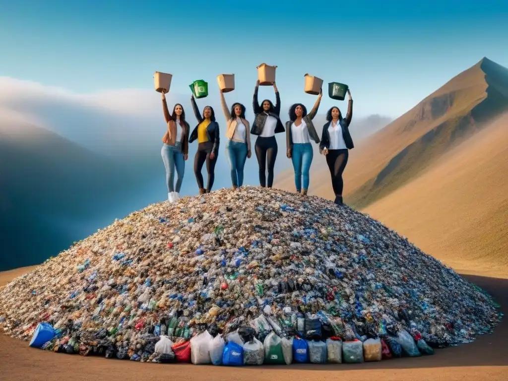 Un grupo diverso de mujeres líderes en estilo de vida sostenible triunfantes en la cima de una montaña de reciclaje, con determinación y orgullo