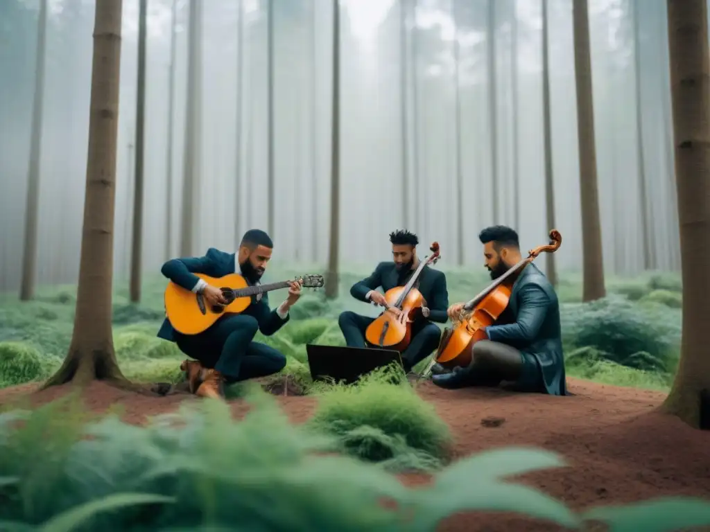 Un grupo diverso de músicos planta árboles en un bosque exuberante, simbolizando la sostenibilidad