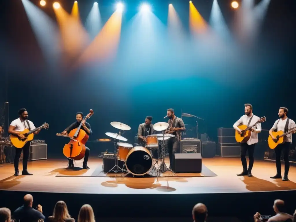 Un grupo diverso de músicos toca en el escenario con instrumentos musicales reciclados sostenibles, creando una atmósfera única y cautivadora