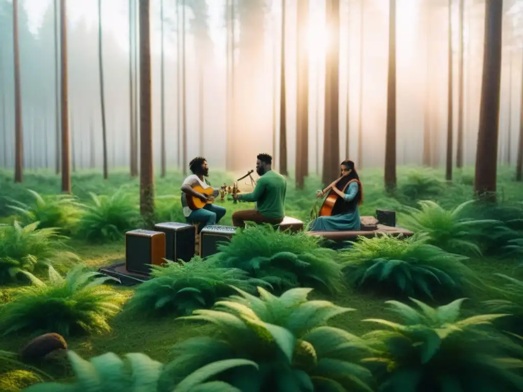 Un grupo diverso de músicos toca instrumentos en un claro de un bosque soleado, vistiendo ropa sostenible