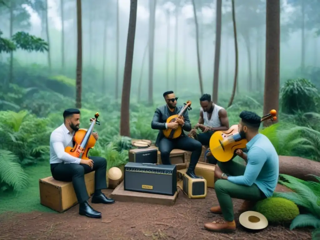 Un grupo diverso de músicos toca instrumentos reciclados en un vibrante bosque, simbolizando la armonía entre música y naturaleza