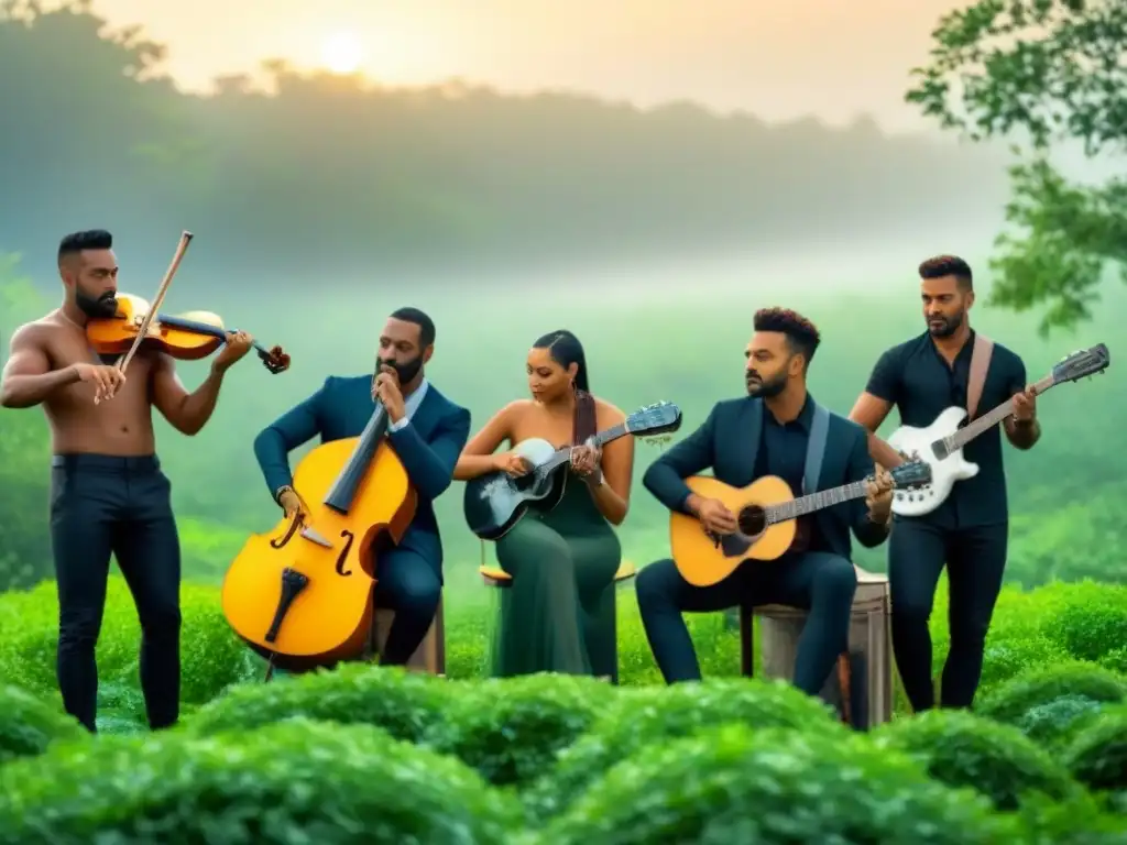 Un grupo diverso de músicos toca instrumentos de materiales reciclados en un entorno verde, con símbolos de reciclaje