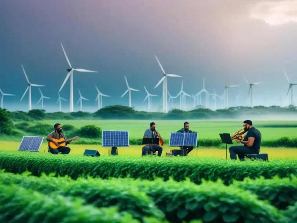 Un grupo diverso de músicos toca instrumentos rodeados de naturaleza y energías renovables, simbolizando la música inspiradora cambio climático