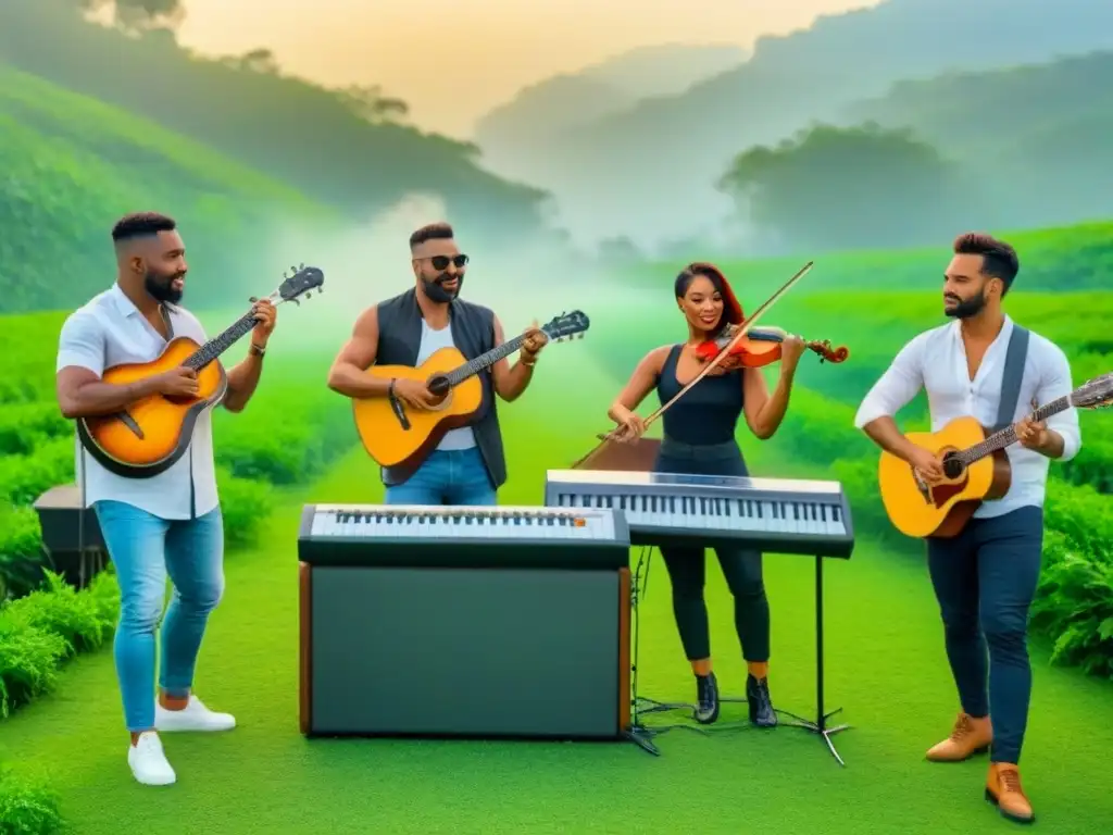 Un grupo diverso de músicos toca instrumentos reciclados en un entorno verde con paneles solares, representando eventos musicales sostenibles