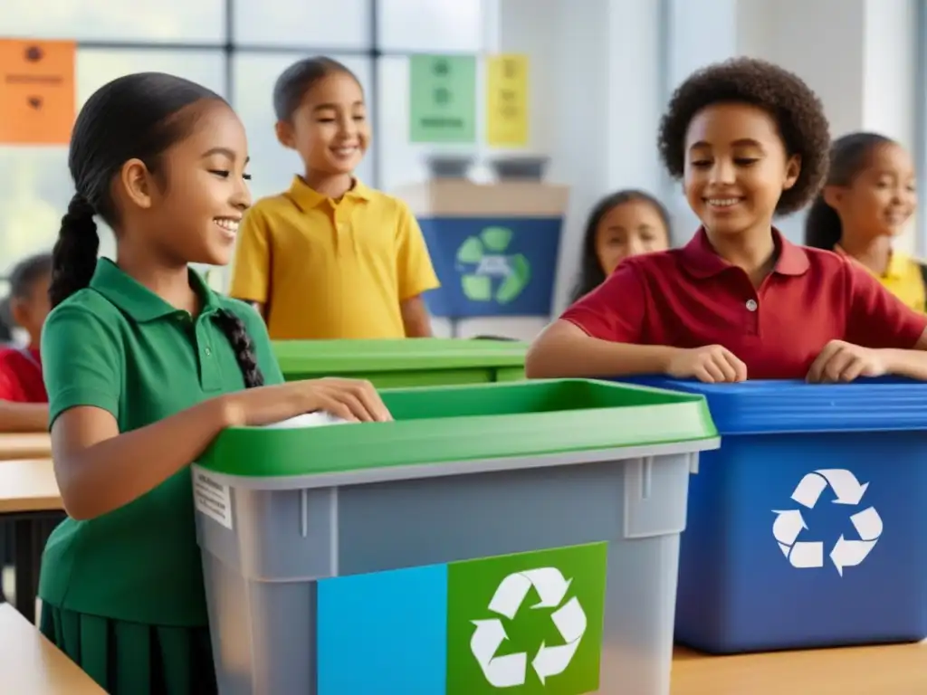 Grupo diverso de niños en actividad de reciclaje en aula moderna, fomentando educación ambiental en escuelas